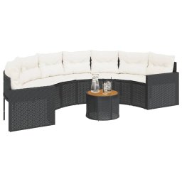 vidaXL Tuinbank met tafel en kussens halfrond poly rattan zwart