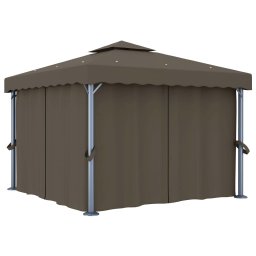vidaXL Prieel met gordijn en LED-lichtslinger 3x3 m taupe