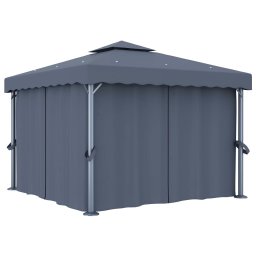 vidaXL Prieel met gordijn en LED-lichtslinger 3x3 m antracietkleurig