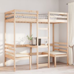 vidaXL Hoogslaper met bureau en stoelen massief grenenhout 90x200cm