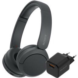 Sony WH-CH520 Zwart + BlueBuilt Quick Charge Oplader met Usb A Poort 18W Zwart