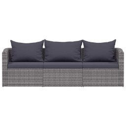 vidaXL 3-delige Loungeset met kussens poly rattan grijs