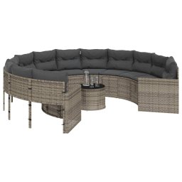 vidaXL Tuinbank met tafel en kussens rond poly rattan grijs