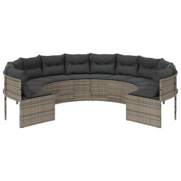 vidaXL Tuinbank met kussens rond poly rattan grijs