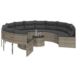 vidaXL Tuinbank met tafel en kussens rond poly rattan grijs