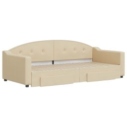 vidaXL Slaapbank met onderschuifbed en lades 90x200 cm stof crèmekleur