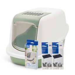 Savic Kattenbak Nestor - Startset: Toilet botanisch groen/wit + 2 filters + 12 zakken