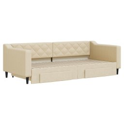 vidaXL Slaapbank met onderschuifbed en lades 90x200 cm stof crèmekleur
