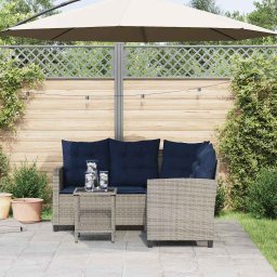 vidaXL Tuinbank met tafel en kussens L-vormig poly rattan grijs
