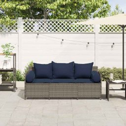 vidaXL Tuinbank 3-zits met kussens poly rattan grijs