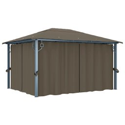 vidaXL Prieel met gordijn en LED-lichtslinger 4x3 m aluminium taupe