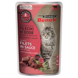 56x 85g Super Benek Graanvrij Gestoomde runderfilets met tomaten in saus Nat kattenvoer