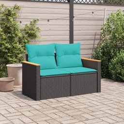 vidaXL Tuinbank met kussens 2-zits poly rattan zwart