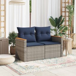 vidaXL Tuinbank met kussens 2-zits poly rattan grijs