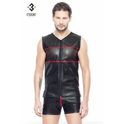 * Code8 by XXX COLLECTION Eco-leder mouwloos shirt met rode bies (XS-S-M-4XL)