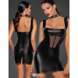 * NOIR handmade Wetlook mini jurk met Tule inzet -F257