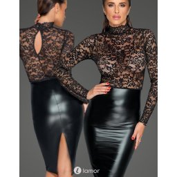 * NOIR handmade Midi jurk van zacht kant en wetlook, F228 ( 2XL)
