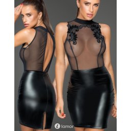 * NOIR handmade Wetlook Mini jurk met borduursel, F222
