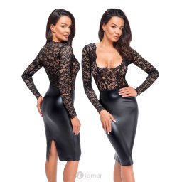 * NOIR handmade Wetlook halflange jurk met kant, F295