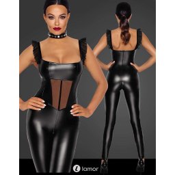 * NOIR handmade Wetlook catsuit met Tule inzet -F256
