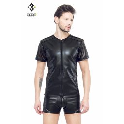 * Code8 by XXX COLLECTION Eco-leder shirt met Mesh mouwen zwart (XS-S-M-3XL