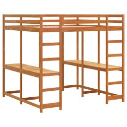 vidaXL Hoogslaper met bureau en ladder grenenhout wasbruin 160x200 cm