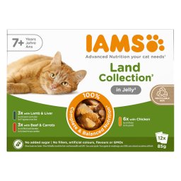 12x85g IAMS Advanced Nutrition Senior 7+ Land Collection in gelei nat kattenvoer