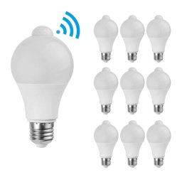 Set van 10 E27 LED Lampen met Sensor - 6 Watt 480 lumen - 6500K daglicht wit - PIR Bewegingsensor - Schemerschakelaar