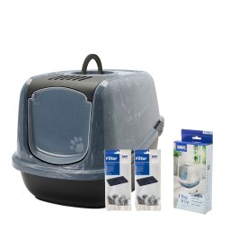 Savic kattenbak Nestor Jumbo Marble - Starterset: Toilet zwart marmer + 2 extra filters + 6 Bag it up