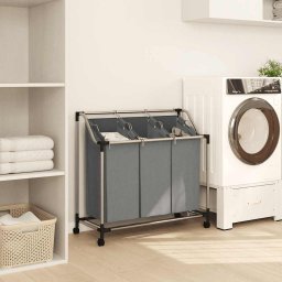 vidaXL Wasmand met wielen 3 vakken grijs