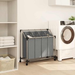 vidaXL Wasmand met wielen 4 vakken grijs