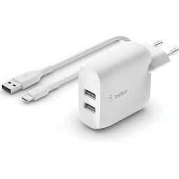 Belkin BOOST CHARGE™ 2-poorts USB-A-wandlader (24 W) + USB-A/USB-C®-kabel - 2 uitgangsaansluitingen