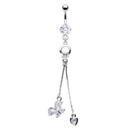 Navelpiercing hartje, vlinder en hartje hanger - zilver