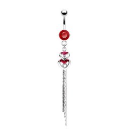 Navelpiercing CZ hart langer hanger - zilver rood