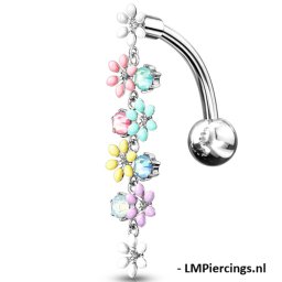 Navelpiercing romatisch opalite gekleurde top down bloem - zilver