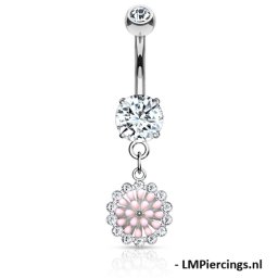 Navelpiercing cluster steentjes om bloem hanger - zilver