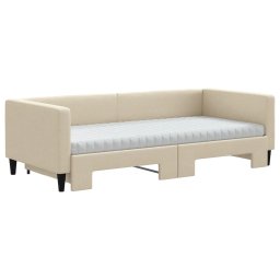 vidaXL Slaapbank met onderschuifbed en matrassen 90x200 cm stof crème