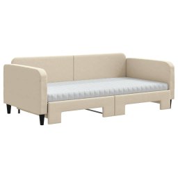 vidaXL Slaapbank met onderschuifbed en matrassen 100x200 cm stof crème