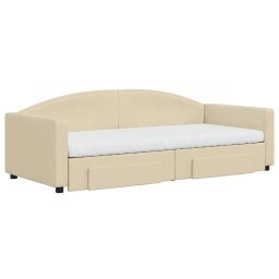 vidaXL Slaapbank met onderschuifbed en lades 90x200 cm stof crèmekleur