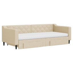 vidaXL Slaapbank met onderschuifbed en lades 90x200 cm stof crèmekleur