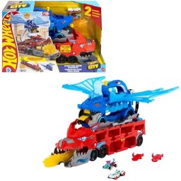 Hot Wheels City JKJ79 Speelgoedauto, ultieme 2-in-1 drakentransporter en 2 dicastauto's, grote draak en afneembare draak, met ruimte voor meer dan 20 voertuigen