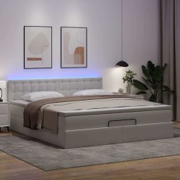 vidaXL Bed poef met matrassen en LED's 160x200cm kunstleer zuiver wit
