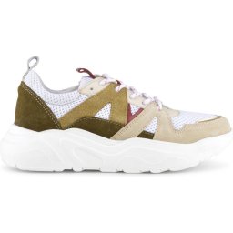 PS Poelman Year Dames Leren Chunky Runner Sneaker - mt 38 - van Mesh en Suéde - Beige Kaki Groen