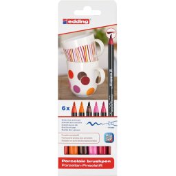 edding 4200 porselein stiften - warme kleuren set - 6 stiften - flexibele penseelpunt 1-4mm - viltstift voor het schilderen en decoreren van keramiek porselein - vaatwasmachinebestendig, lichtechte inkt, sneldrogend