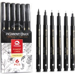 MOBEE - Fineliners - Zwart - 5 stuks + 1 Brushpen - Vervanging van Sakura - Watervast - Pigment Liner - Super Inkt - Tekenen - Schrijven - Handlettering - Schetsen - Kalligrafie - Fineliner Set