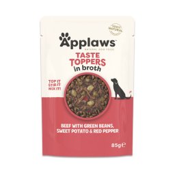Applaws Taste Toppers Pouch in Bouillon 24 x 85 g Voordeelpakket Hondenvoer - Rund met groene Bonen, Zoete Aardappel & rode Paprika