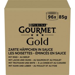 96x85g Gold Zachte Hapjes in Saus: Rund, Kip & Lever, Zalm & Kip Kalkoen & Eend Gourmet Kattenvoer