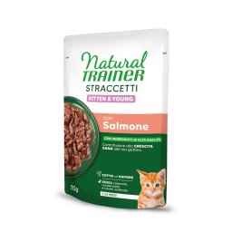 56x 70g Natural Trainer Straccetti Kitten & Jonge reepjes in saus zalm nat kattenvoer