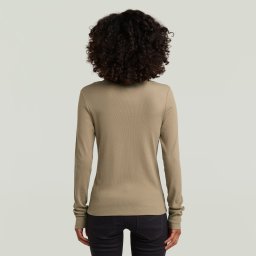 Slim Rib Open Neck Longsleeve T-Shirt - Beige - Dames