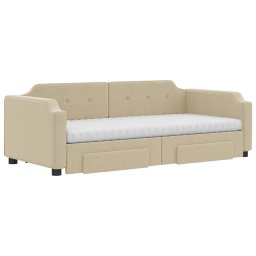 vidaXL Slaapbank met onderschuifbed en lades 90x200 cm stof crèmekleur